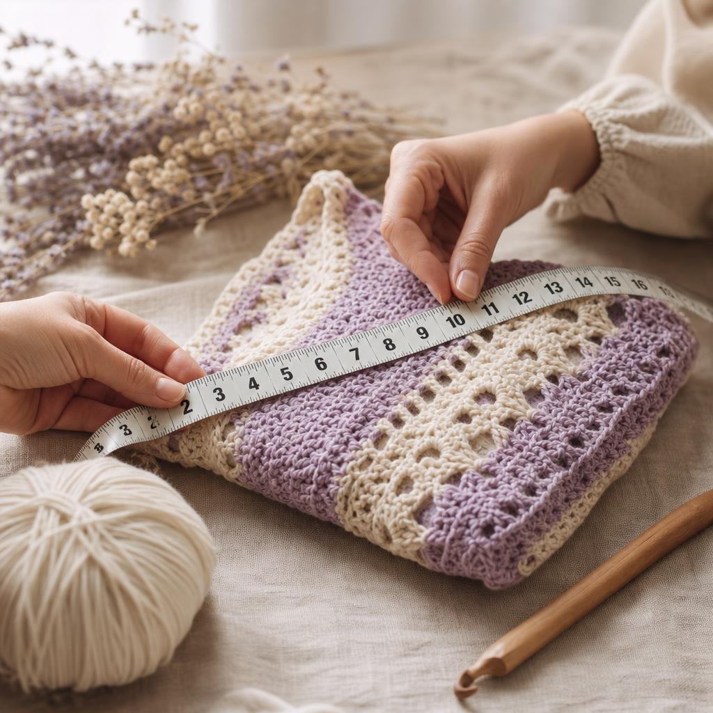 Prise de mesures à distance pour vêtement crochet sur-mesure — mètre ruban posé sur une pièce en crochet crème et lavande — Feni Privé Prise de mesures à distance pour vêtement crochet sur-mesure — mètre ruban posé sur une pièce en crochet crème et lavande — Feni Privé