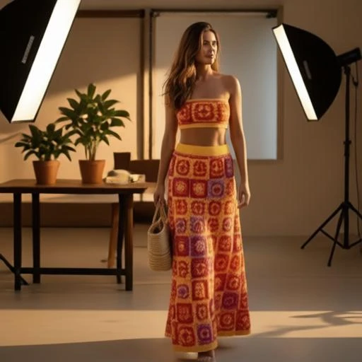 Ensemble crochet granny square orange et violet, top et jupe longue, mise en scène studio — Feni Privé